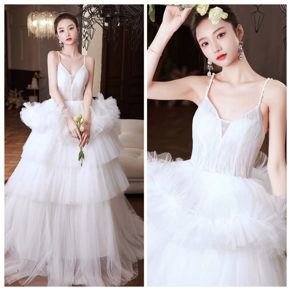 ウェディングドレス　フリル　チュールドレス　スパゲッティストラップ　二次会　前撮り（WD242121） wedding リボンワンピース 可愛い