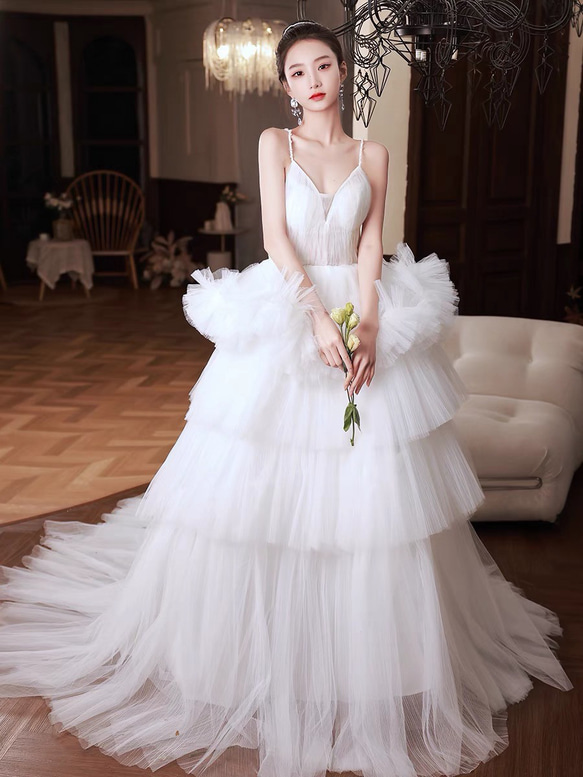 ウェディングドレス　フリル　チュールドレス　スパゲッティストラップ　二次会　前撮り（WD242121） wedding リボンワンピース 可愛い