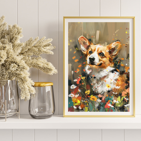 【犬花爛漫 - ウェルシュコーギー犬 No.1】モダンアートポスター 犬の絵 犬の絵画 犬のイラスト 8枚目の画像