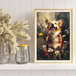 【犬花爛漫 - ウェルシュコーギー犬 No.3】モダンアートポスター 犬の絵 犬の絵画 犬のイラスト 8枚目の画像