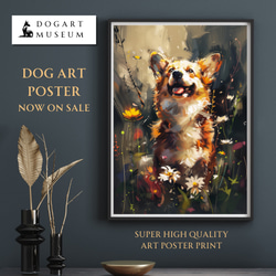 【犬花爛漫 - ウェルシュコーギー犬 No.3】モダンアートポスター 犬の絵 犬の絵画 犬のイラスト 1枚目の画像