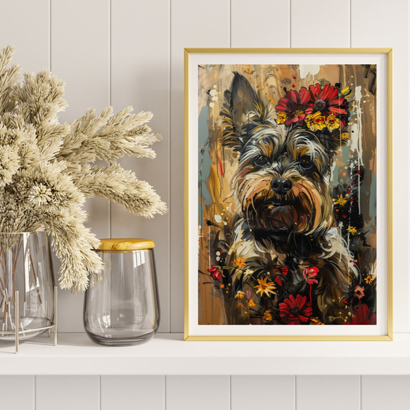 【犬花爛漫 - ヨークシャーテリア犬 No.1】モダンアートポスター 犬の絵 犬の絵画 犬のイラスト 8枚目の画像