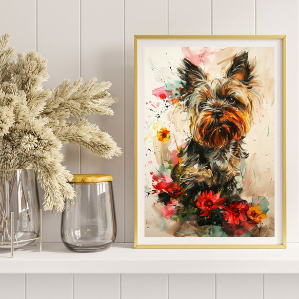【犬花爛漫 - ヨークシャーテリア犬 No.5】モダンアートポスター 犬の絵 犬の絵画 犬のイラスト 8枚目の画像