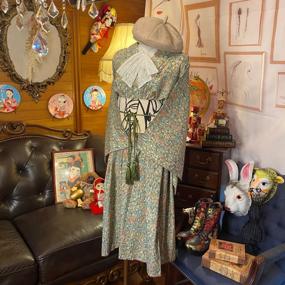 着物 洗える 化繊 ワンピース ドレス ハンドメイド リメイク 帯サッシュベルト  KW-280 5枚目の画像
