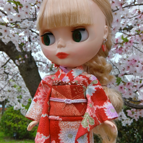 ブライスちゃん・リカちゃん 振袖＆帯セット 202 赤×菊 おもちゃ・人形