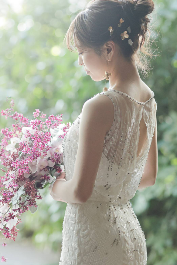 ヘッドドレス 結婚式　花嫁 ヘアアクセサリー ウェディング ブライダル　ゴールドフラワー ラフクォーツ ヘアピン 6枚目の画像