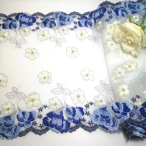 0.9m 両山 花柄刺繍 チュールレース ハンドメイド 生地 素材 手芸 素材 
