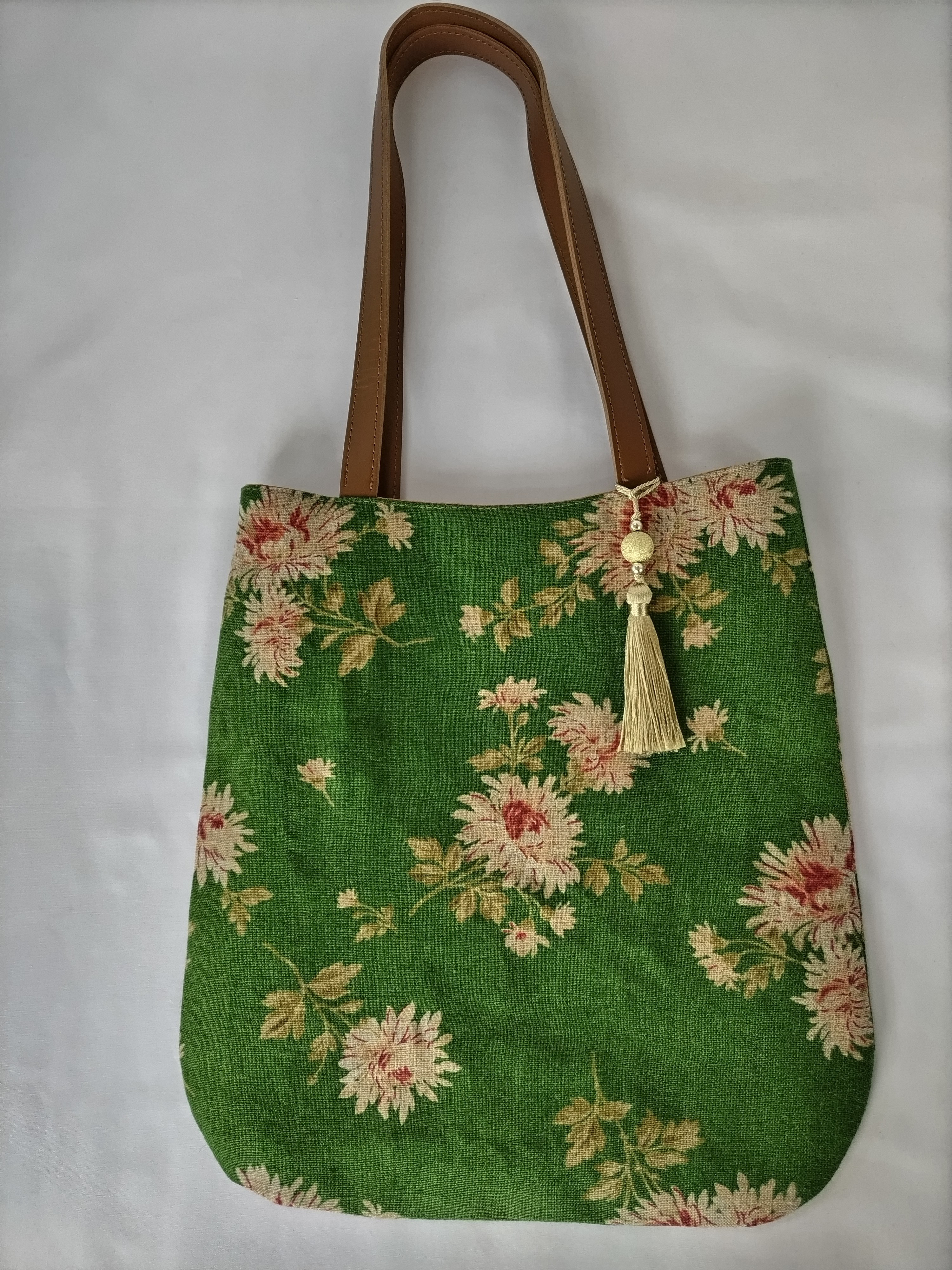 【送料無料】お出かけバッグ　トートバッグ　リネンバッグ　（花柄）革風持ち手