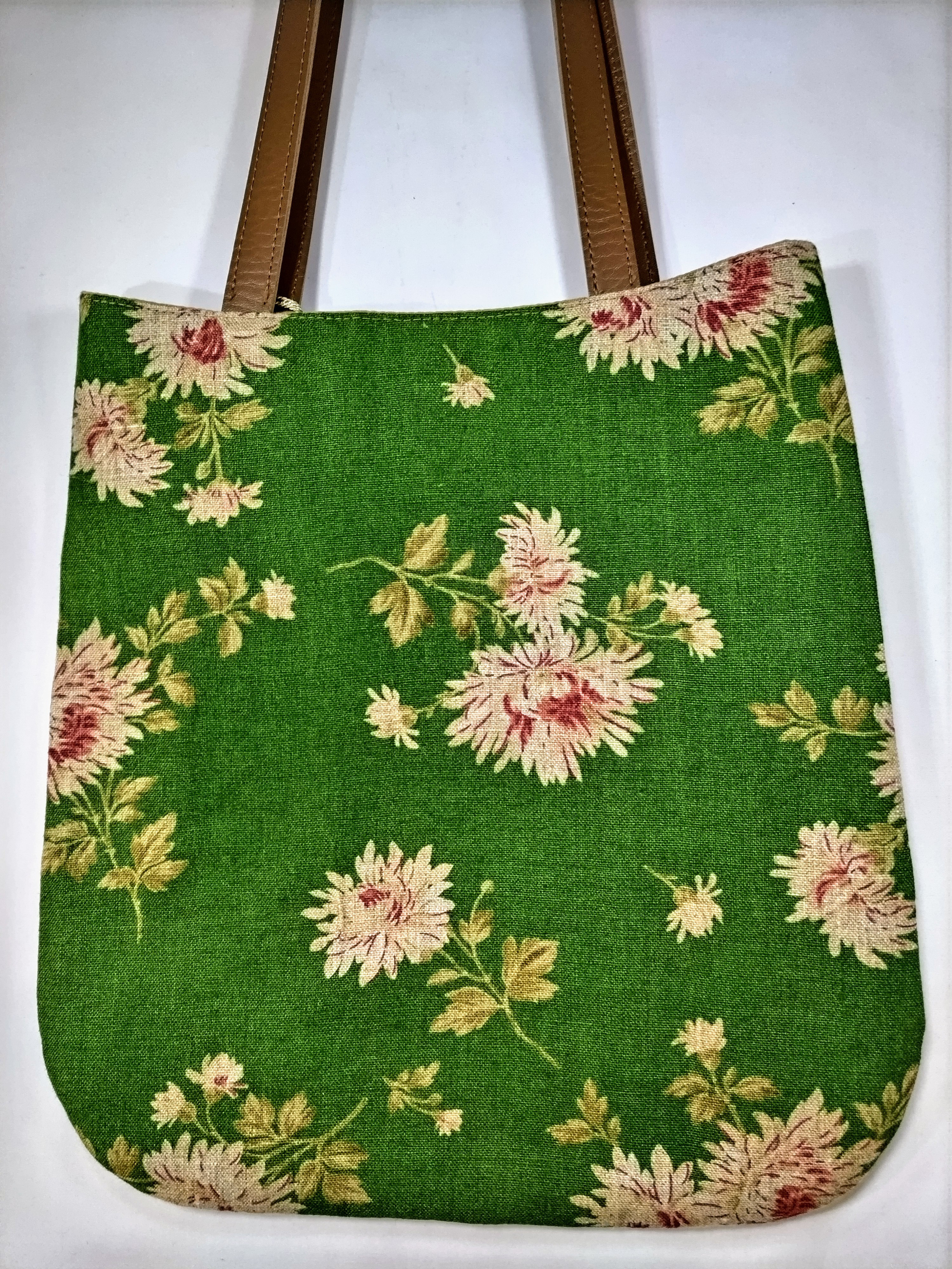 【送料無料】お出かけバッグ　トートバッグ　リネンバッグ　（花柄）革風持ち手