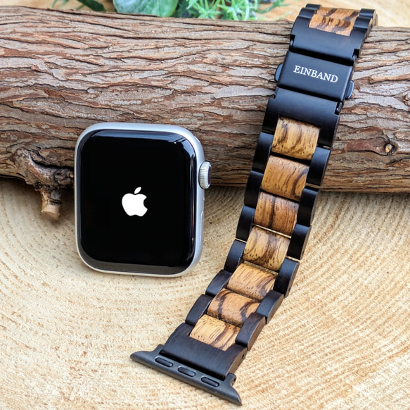 【木製バンド】EINBAND AppleWatch アップルウォッチ 天然木 20mm【エボニー×ゼブラウッド】 1枚目の画像