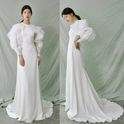 ウェディングドレス ボリューム袖 チュール ソフトマーメイド 二次会  
