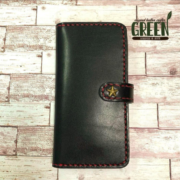 2枚ポケット付き　栃木レザー　ブラック　iPhoneケース　本革　手帳型 2枚ポケット付き 栃木レザー ブラック iPhoneケース 本革 手帳型 2枚