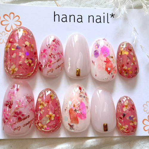 SALE ネイルチップ 桜アートとドライフラワーシェルネイルチップ