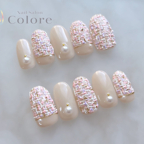 オーダーネイルチップ】ツイードネイル ピンクネイル 冬ネイル