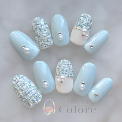 パステルブルーのツイードネイルチップ 冬ネイル ツイードネイル