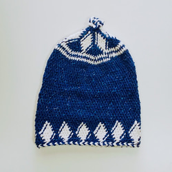 ウール100%  ニット帽　青　モロッコ　手編み　毛糸の帽子 3枚目の画像