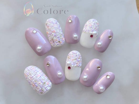 パステルパープルのツイードネイルチップ 冬ネイル ツイードネイル