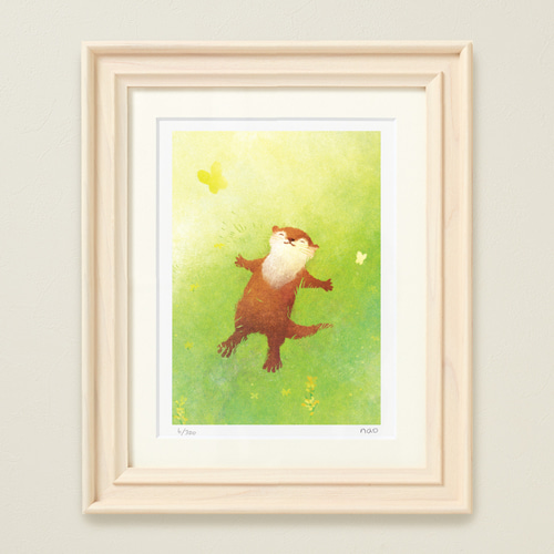 水彩画 果物 緑色フレーム　『秋の陽だまり』 菜生アートフレーム「陽だまりぽかぽか」 イラスト naonote 通販