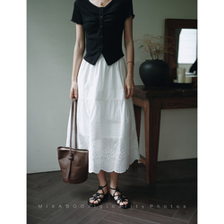 刺繍スカート　レーススカート　白い100%コットンスカート　裏地付き　ゴムウエスト　S-XL　S212　 5枚目の画像