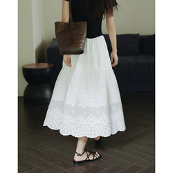 刺繍スカート　レーススカート　白い100%コットンスカート　裏地付き　ゴムウエスト　S-XL　S212　 1枚目の画像