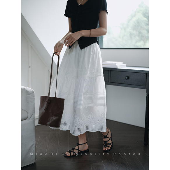 刺繍スカート　レーススカート　白い100%コットンスカート　裏地付き　ゴムウエスト　S-XL　S212　 8枚目の画像