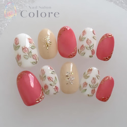 【 105 】ネイルチップ ぷっくりお花ネイル 春 フレンチ 成人式 入学式 105 】ネイルチップ ぷっくりお花ネイル 春 フレンチ 成人式 入学式