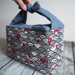 英國製作 和風青海波浪貓圖案 蝴蝶結手提 便當袋 餐盒袋 第4張的照片