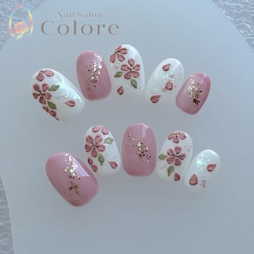 キラキラぷっくり桜ネイル ぷっくりネイル 春ネイル 卒業式