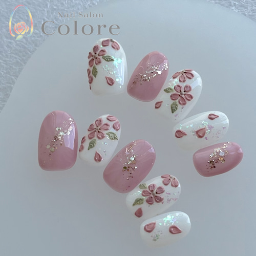 キラキラぷっくり桜ネイル ぷっくりネイル 春ネイル 卒業式