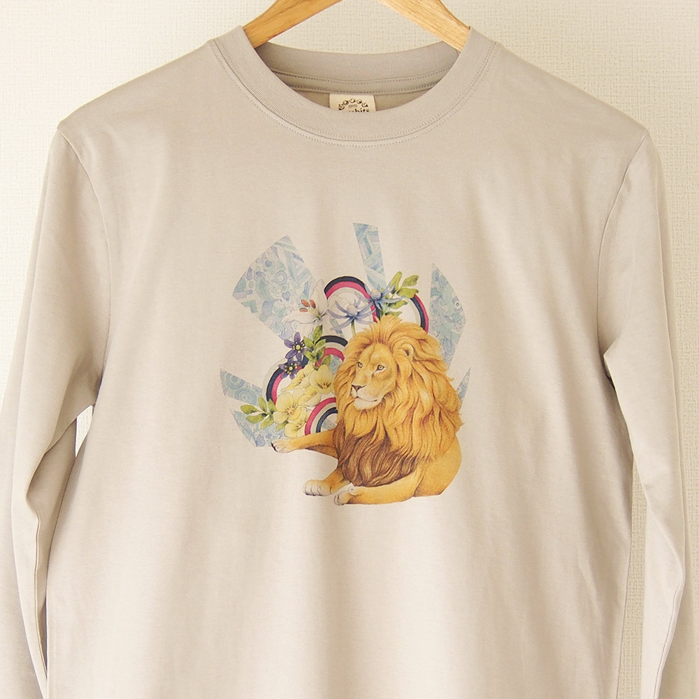 【数量限定】70年代風デザイン　ライオン柄オーガニックコットン長袖Tシャツ