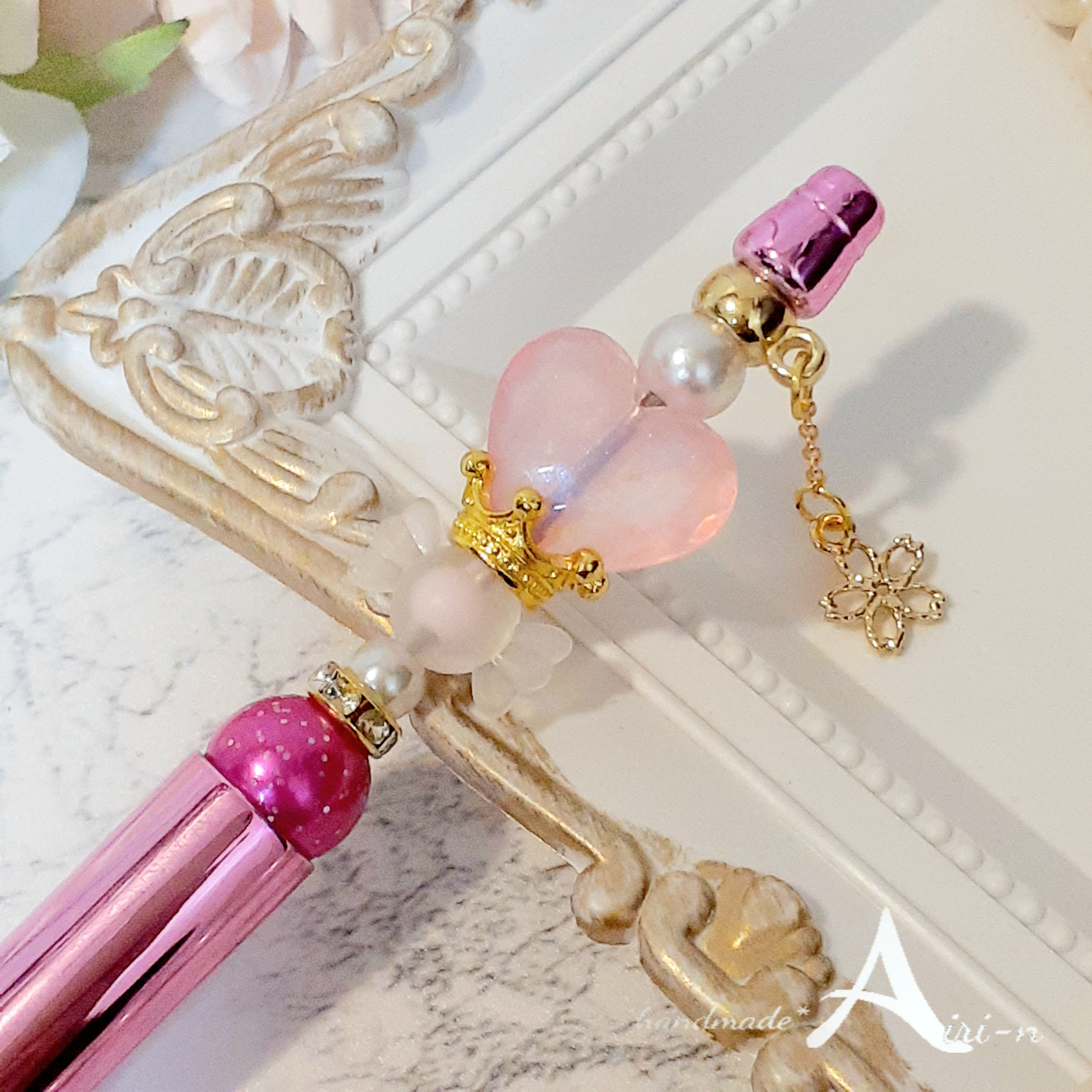 ●限定/手染めハート×手染めスクリュー×ロンデル×王冠 カスタムボールペン さくらチャーム】カスタムボールペン ハート ピンク ゴールド