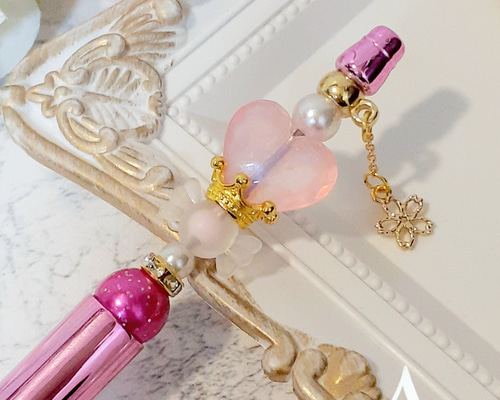 手染めの薔薇×手染め手まり×王冠×ロンデル カスタムボールペン ハンドメイド 手染めグラデーション薔薇×手染めそろばん×王冠×ロンデル