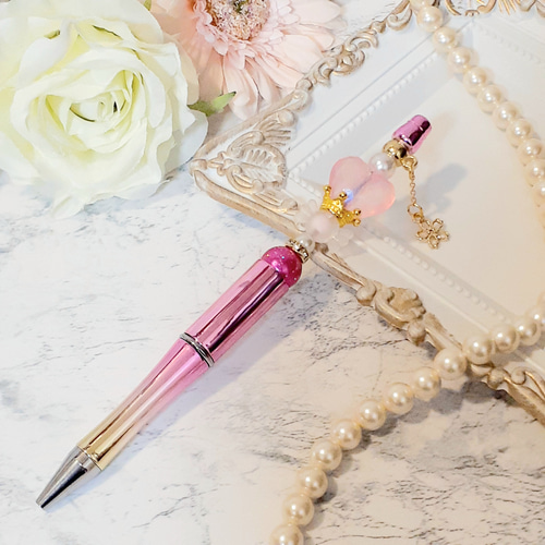 うるツヤ手染めグラデ薔薇×パール調グラデ薔薇×王冠×ロンデル カスタムボールペン さくらチャーム】カスタムボールペン ハート ピンク ゴールド