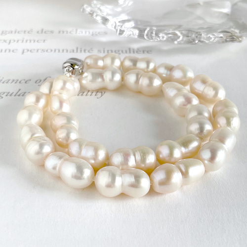 希少 双子パール 本真珠 ネックレス 10.4〜11.2㎜ ブラック系 M526 淡水パール 大粒ツインパール 双子パールのチョーカーネックレス