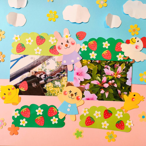 写真 色紙 手紙 壁面 アルバム 飾り パーツ ～みんなで苺パーティー