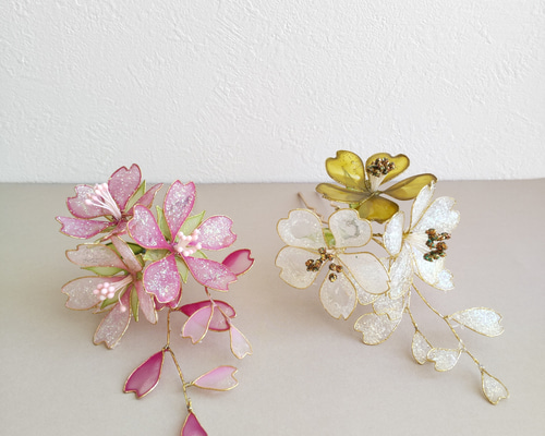 桜♡かんざし♡髪飾り♡ゴールド♡ピンク♡ディップアート