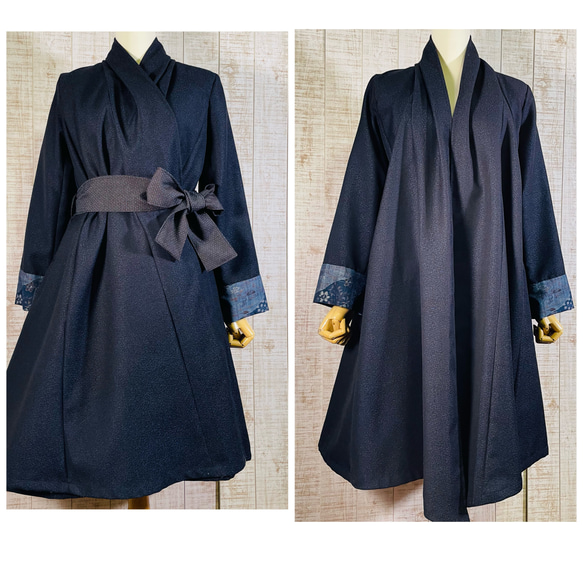 ウール長着と紬フレアードレスワンピースorコーディガンM～L コート  