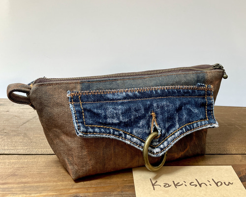 手染めデニム★バネポーチ★№3 denimポーチ (柿渋染め) ポーチ 67.faden.sp 通販 17380132｜Creema