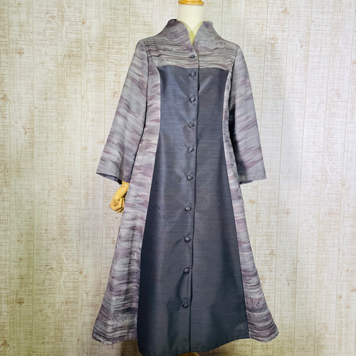 正絹色無地＆膨れ織立ち襟プリンセスラインフレアーワンピースM～L  