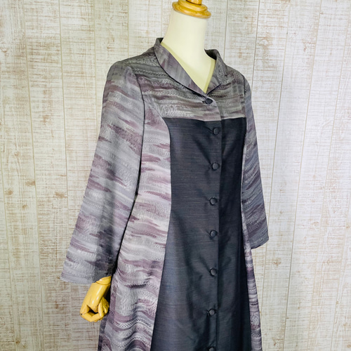 正絹色無地＆膨れ織立ち襟プリンセスラインフレアーワンピースM～L