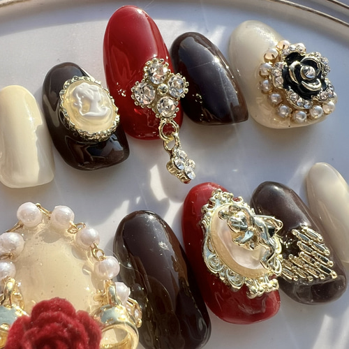 008ネイルチップ アンティーク 量産型地雷 韓国ワンホンビンテージ  