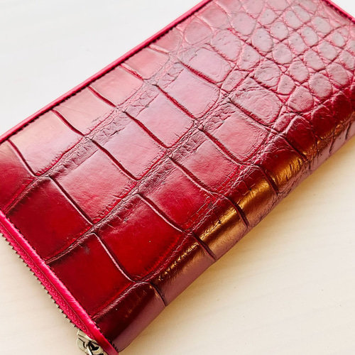 新品】クロコダイルレザーの長財布 レッドピンク#1ワニ革本革ロング