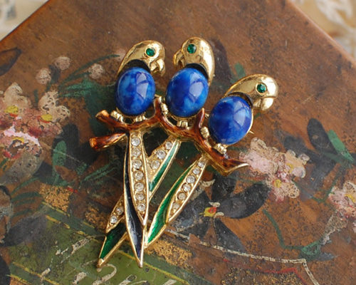 ヴィンテージブローチ 3羽の鳥 天然石 フランスブロカント ブローチ