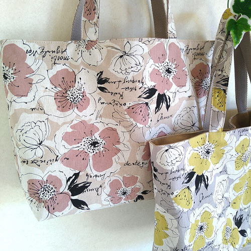 リバーシブル 花柄×帆布トート バッグ コットンリネン×帆布 イエロー