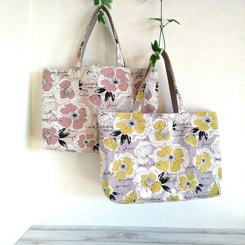 リバーシブル 花柄×帆布トート バッグ コットンリネン×帆布 イエロー