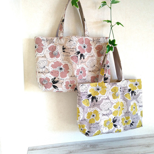 リバーシブル 花柄×帆布トート バッグ コットンリネン×帆布 イエロー