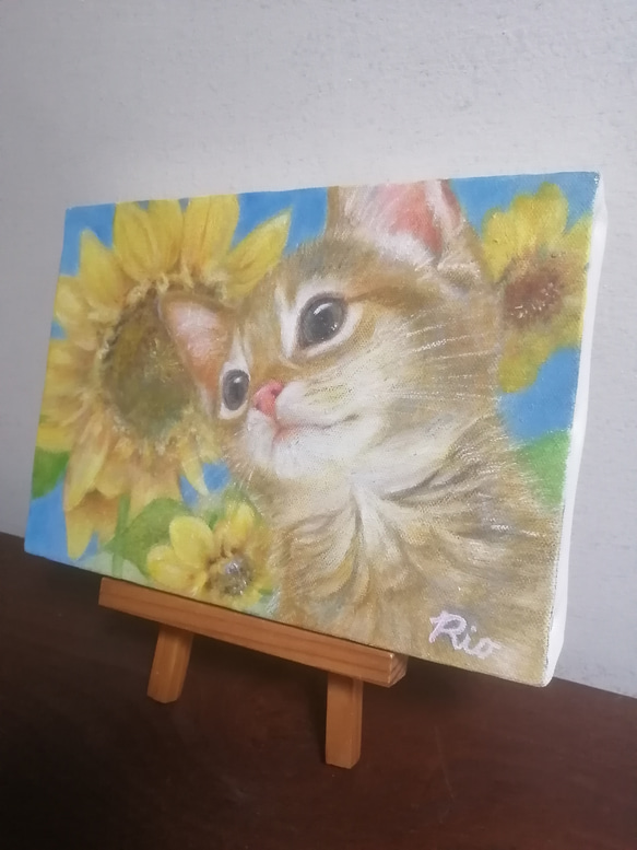 子猫とひまわりの絵　油絵原画「Recollections of summer」 3枚目の画像