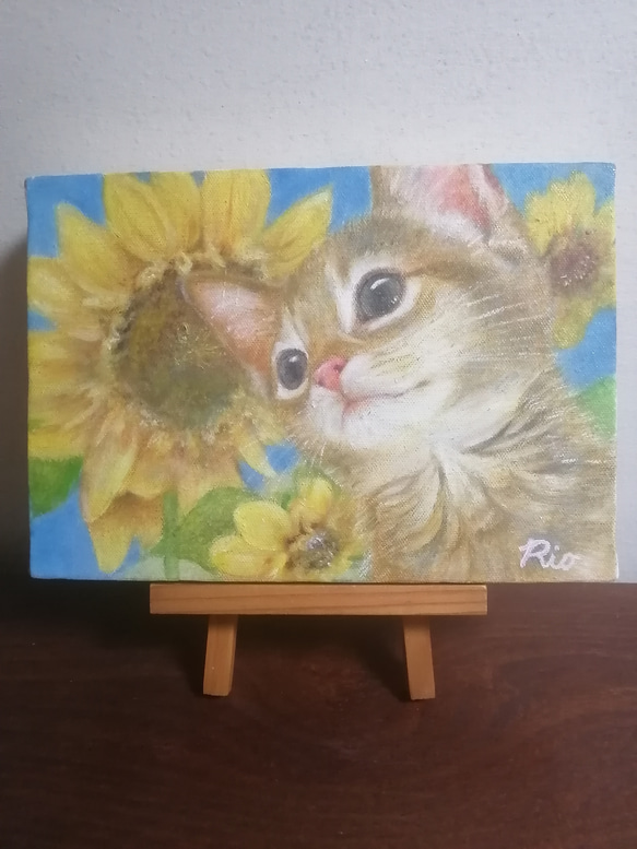 子猫とひまわりの絵 油絵原画「Recollections of summer」 絵画 Rio 