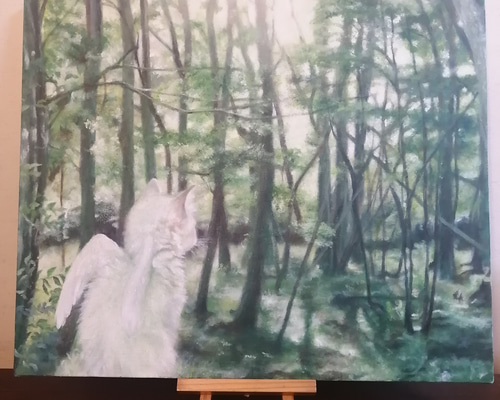 森林の中の白い猫天使の絵 油絵原画「White angel living in the 森林の中の白い猫天使の絵 油絵原画「White angel living in the