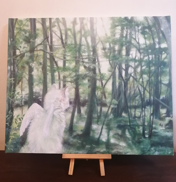 森林の中の白い猫天使の絵　油絵原画「White angel living in the forest」 1枚目の画像
